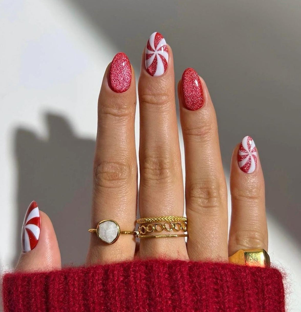 Handmade Press On Nails: Glue Ons, Acrylic Gel, Almond Round Short, Xmas Winter Christmas
