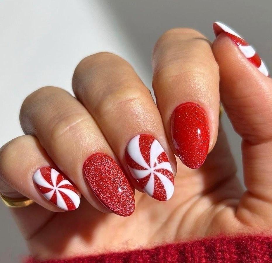 Handmade Press On Nails: Glue Ons, Acrylic Gel, Almond Round Short, Xmas Winter Christmas