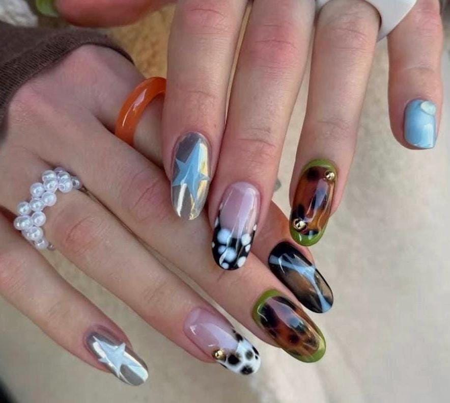 Handmade Press On Nails: Luxury, Almond Round Short, Hand Painted Custom, Gel