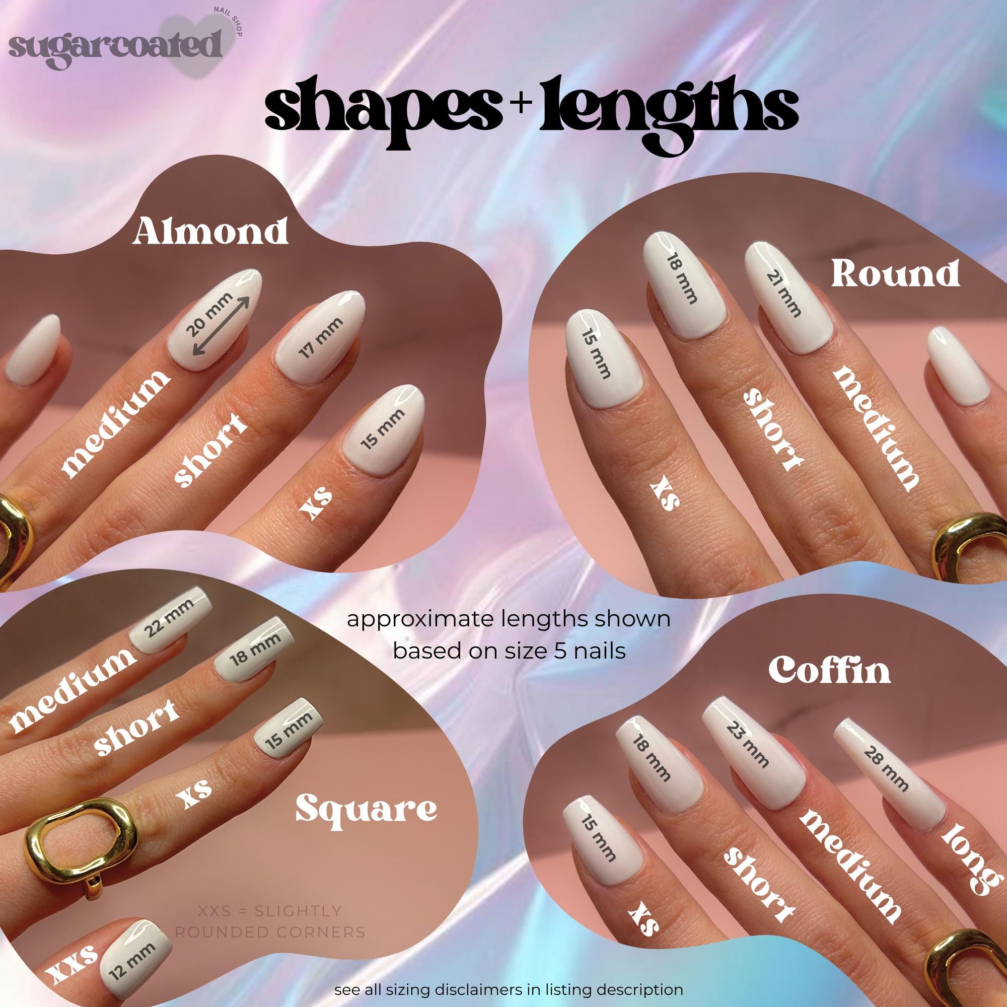 The image is a collage of four images showing different nail shapes and their corresponding nail lengths, along with text indicating the approximate nail length based on the size of the nails.