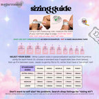 The image is a guide for measuring and selecting nail sizes. It shows a person using a soft measuring ruler to measure the width of their nail from the edge to the edge, and it provides a chart with standard nail sizes.