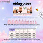 The image is a guide for measuring and selecting nail sizes. It shows a person using a soft measuring ruler to measure the width of their nail from the edge to the edge, and it provides a chart with standard nail sizes.