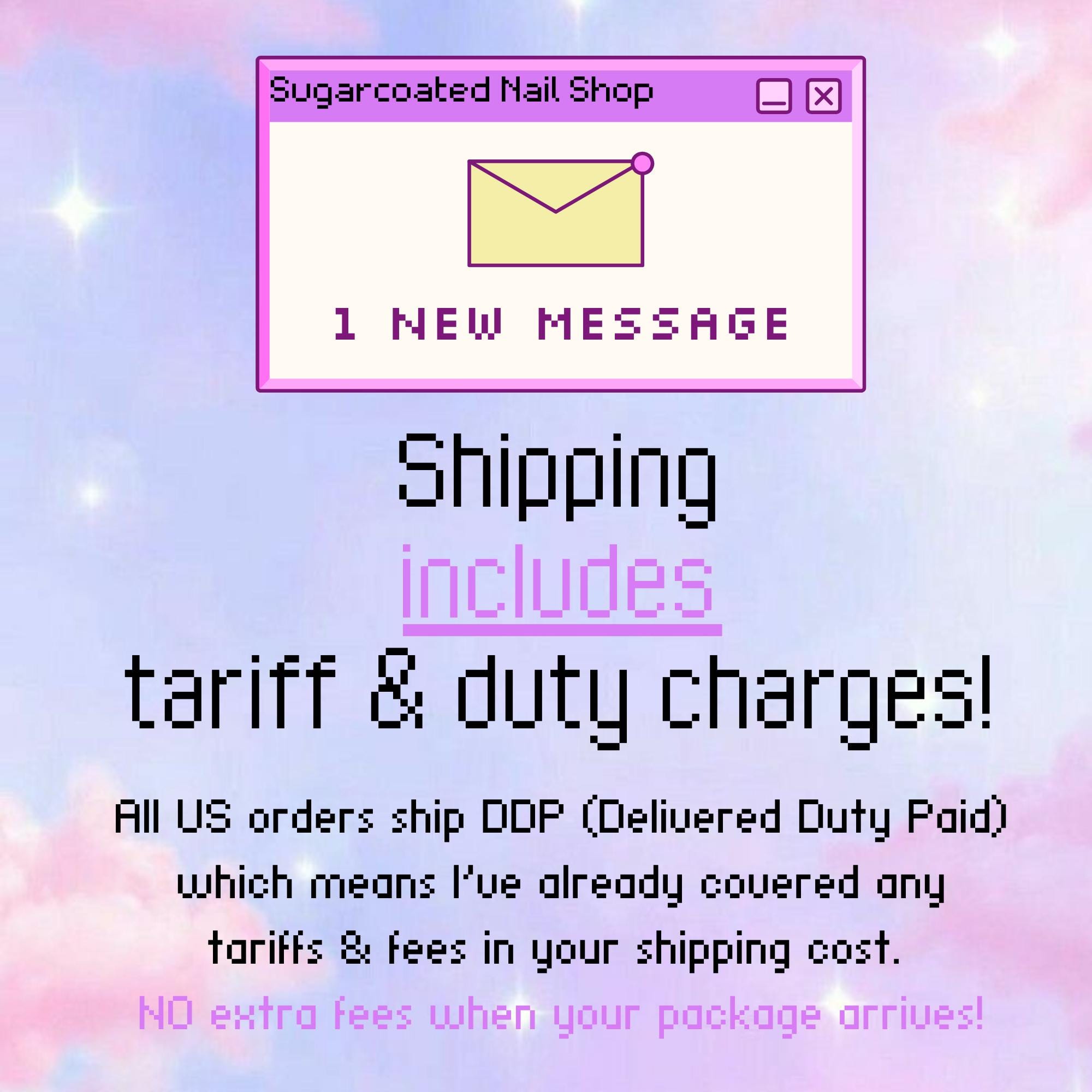 The image is a digital advertisement for a nail shop, featuring a message window with a new message and shipping information.