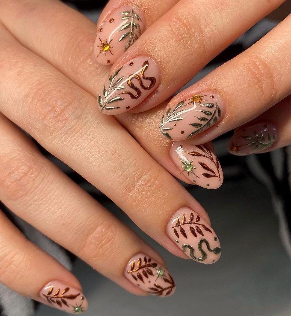 Handmade Press On Nails: Glue Ons, Almond Round Short, Hand Painted, Halloween Fall Dark