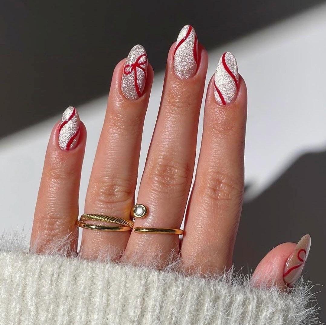 Handmade Press On Nails: Glue Ons, Gel, Almond Round Short, Xmas Winter Christmas