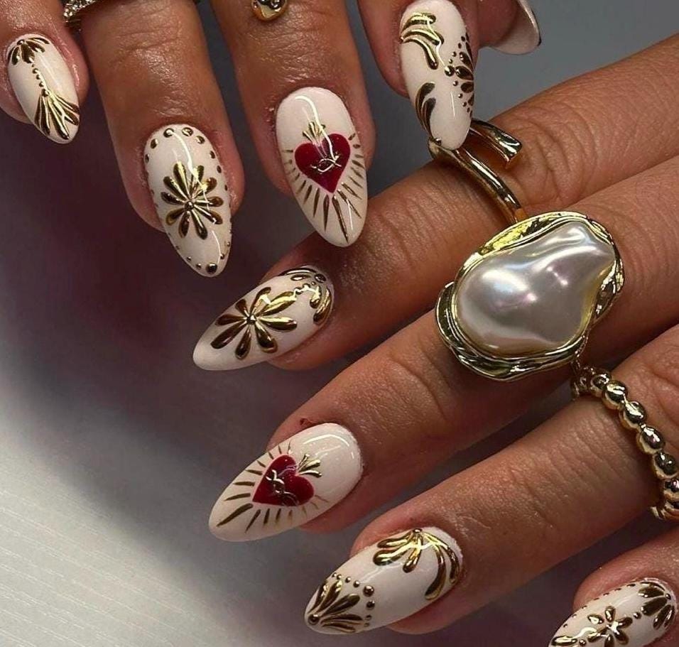 Handmade Press On Nails: Luxury, Almond Round Short, Hand Painted Custom, Valentines