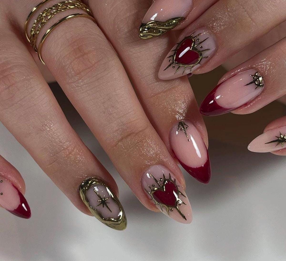 Handmade Press On Nails: Luxury, Almond Round Short, Hand Painted Custom, Valentines