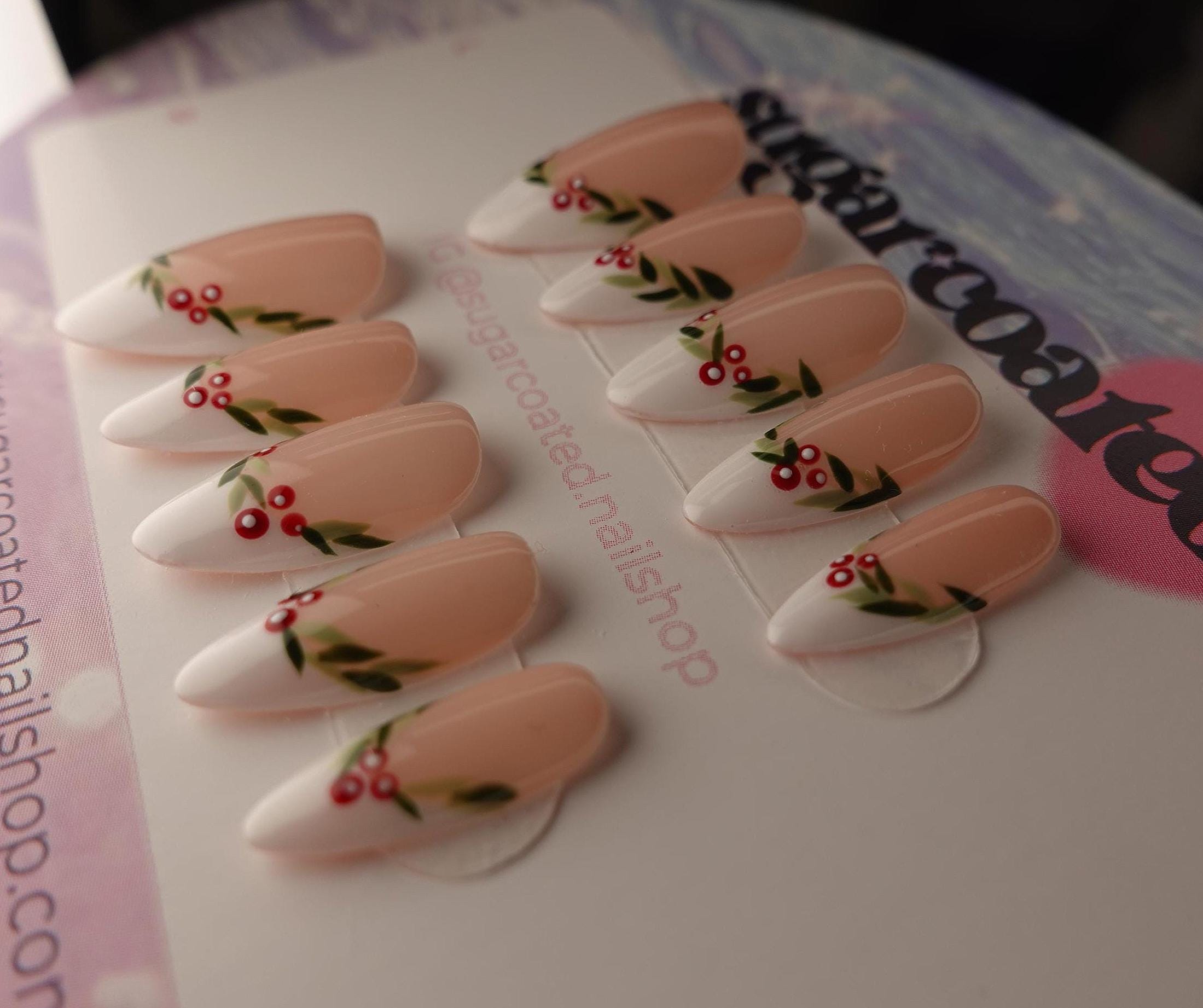 Handmade Press On Nails: Glue Ons, Gel, Almond Round Short, Xmas Winter Christmas