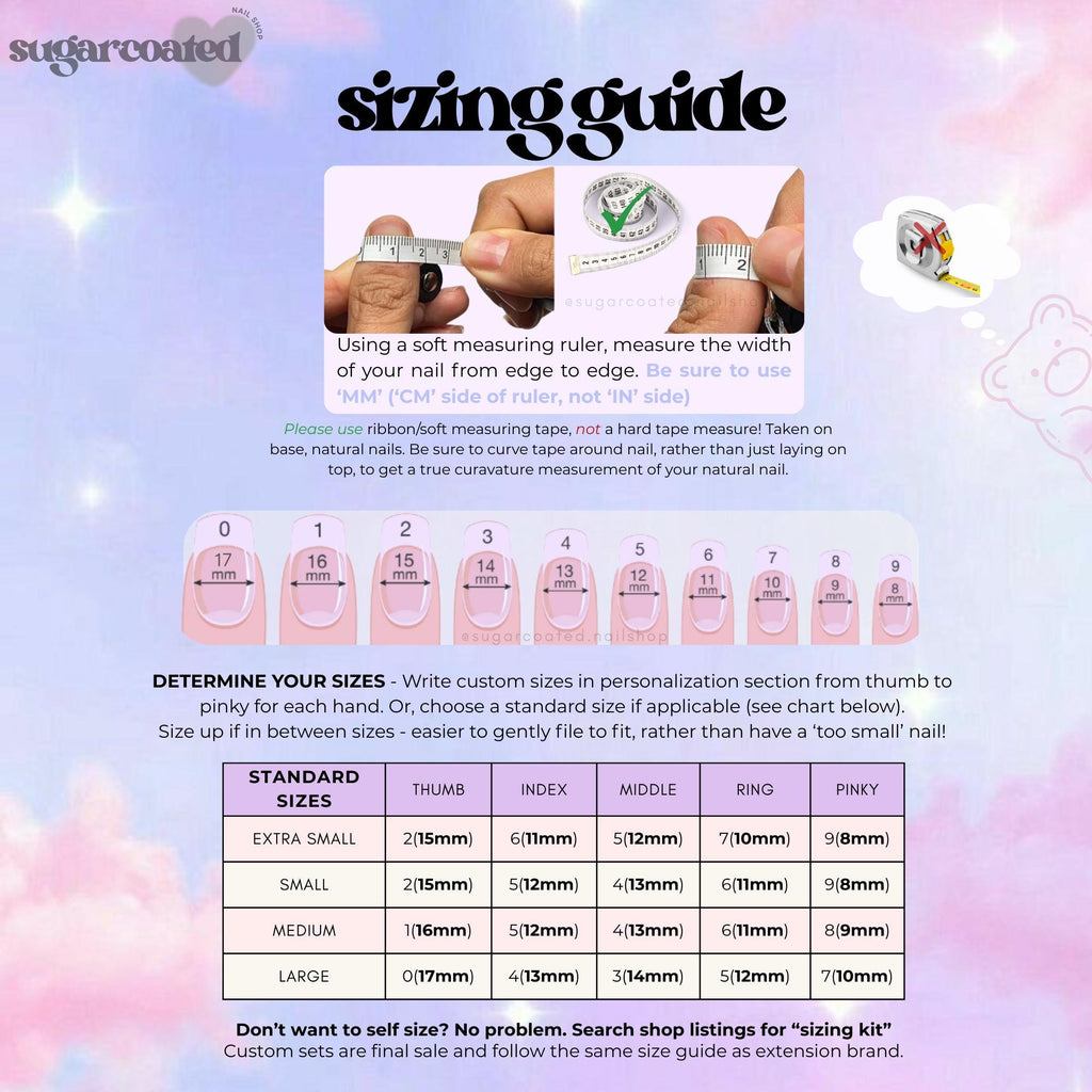 The image is a guide that provides information on how to determine the sizes of nails using a soft measuring ruler. It includes a diagram with the sizes of nails labeled and instructions on how to use the ruler to measure the width of the nails.