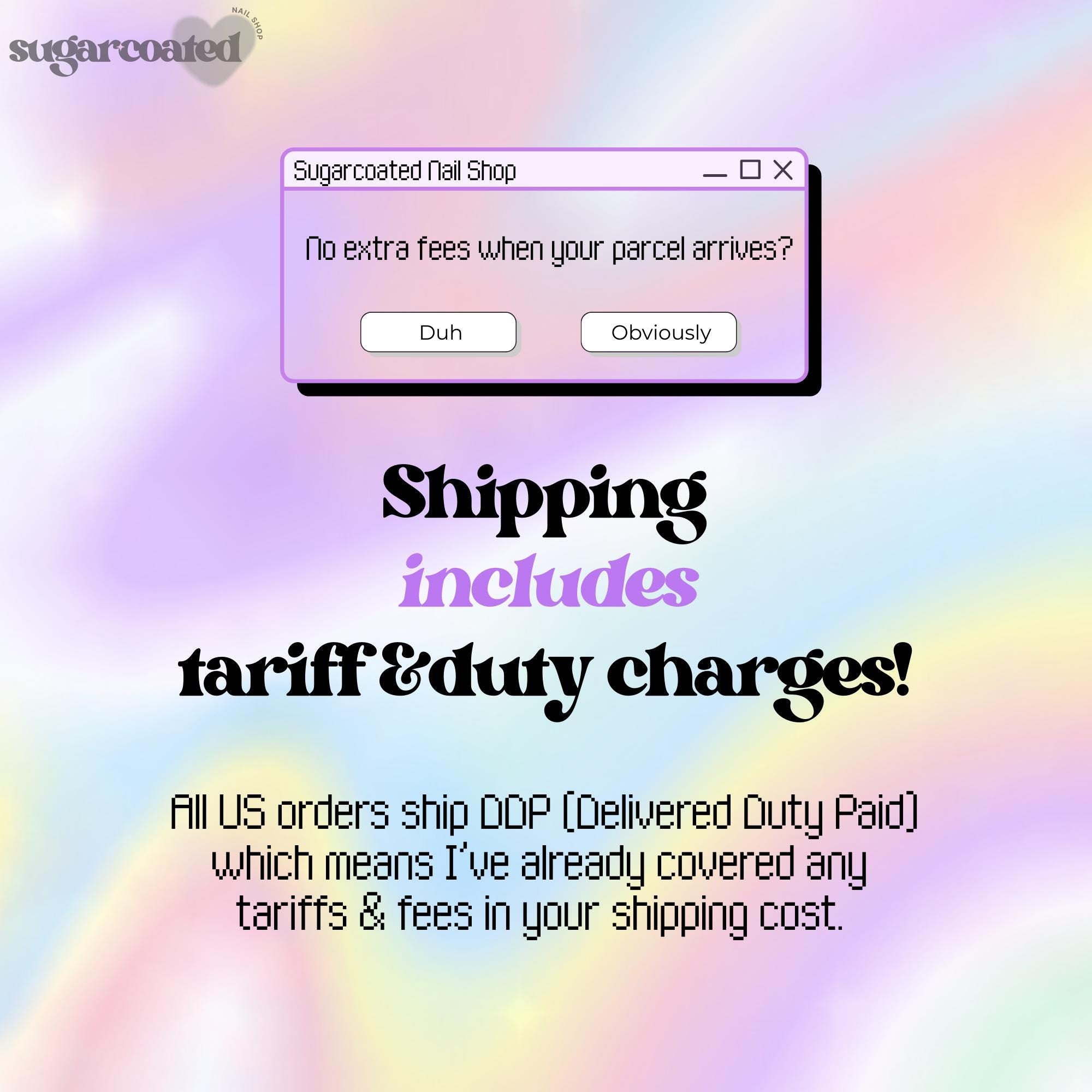 The image is a promotional graphic for a nail shop that offers shipping services with no extra fees when the parcel arrives. It includes a message asking whether the user would like to ship their order, and a description of the shipping process.