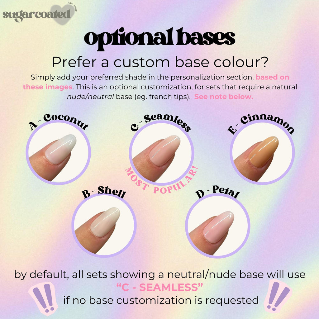 The image is a collage of five different nail polish colors, each corresponding to a different base color: coconut, seamless, cinnamon, shell, and petal.