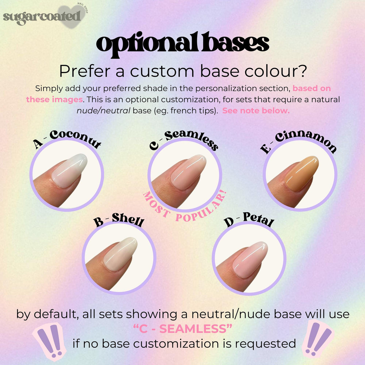 The image is a collage of five different nail polish colors, each corresponding to a different base color: coconut, seamless, cinnamon, shell, and petal.
