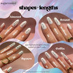 The image is a collage of four images showing different nail shapes and their corresponding nail lengths, along with text indicating the approximate nail length based on the size of the nails.