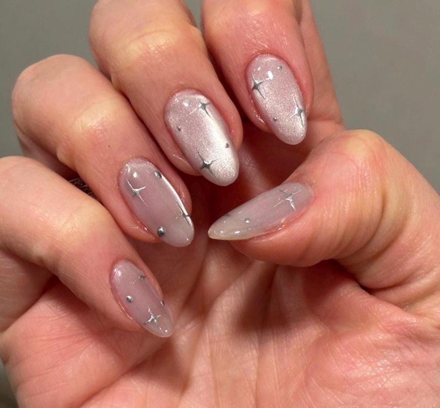 Handmade Custom Gel Press On Nails: Premium Quality, Handpainted, Trendy, Press Ons, Fake Nails, Glue On, Cute, Silver Cat Eye, Celestial
