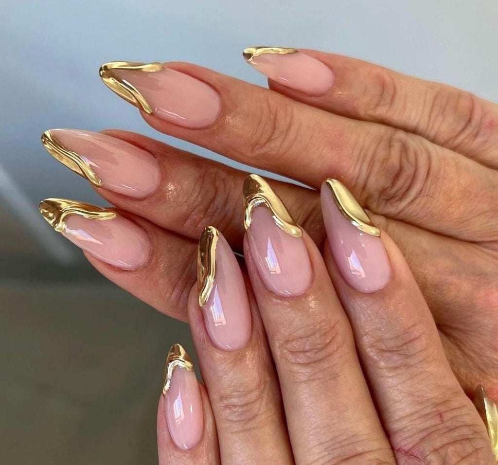 Handmade Custom Gel Press On Nails: Premium Quality, Handpainted, Trendy, Press Ons, Fake Nails, Glue On, Cute, Gold Chrome French Tip