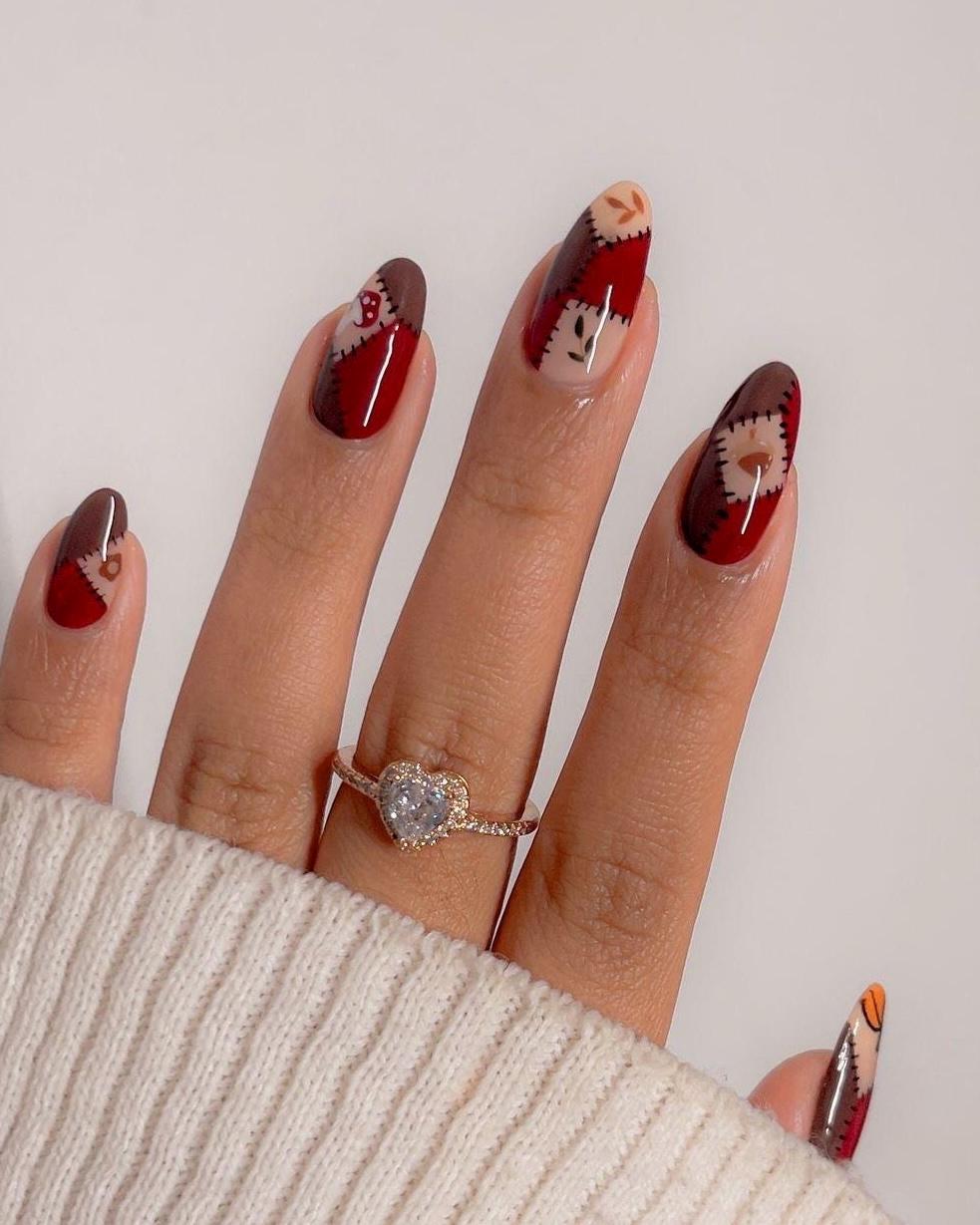 Handmade Custom Gel Press On Nails: Premium Quality, Handpainted, Trendy, Press Ons, Glue On, Fall Autumn, October, Brown, Quilt Patchwork