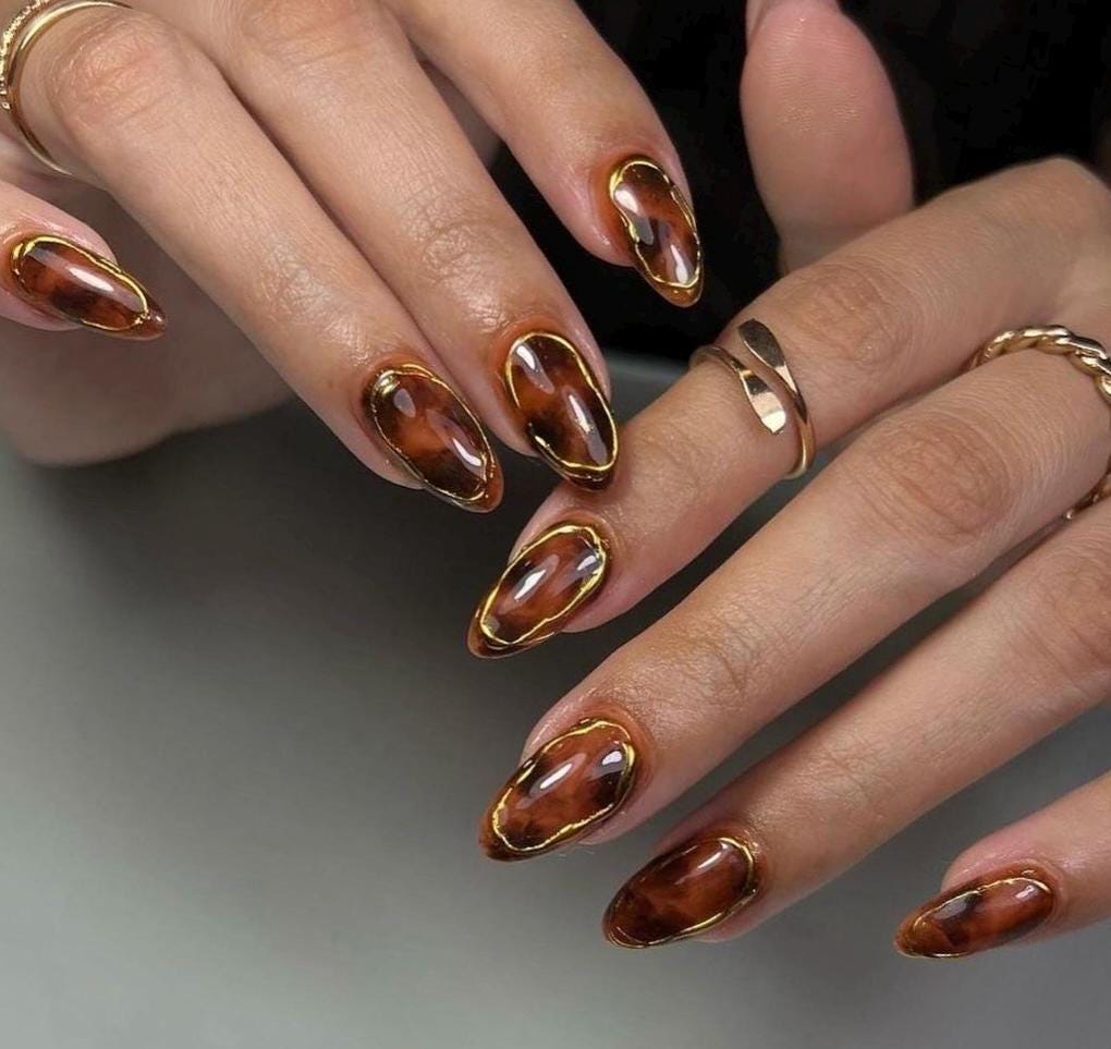 Handmade Custom Gel Press On Nails: Premium Quality, Handpainted, Trendy, Press Ons, Fall Autumn, October Brown, Tortoise, Cat Eye, 3D Gold
