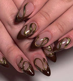 Handmade Custom Gel Press On Nails: Premium Quality, Handpainted, Trendy, Press Ons, Fall Autumn, October Brown, Tortoise, Cat Eye, 3D Gold