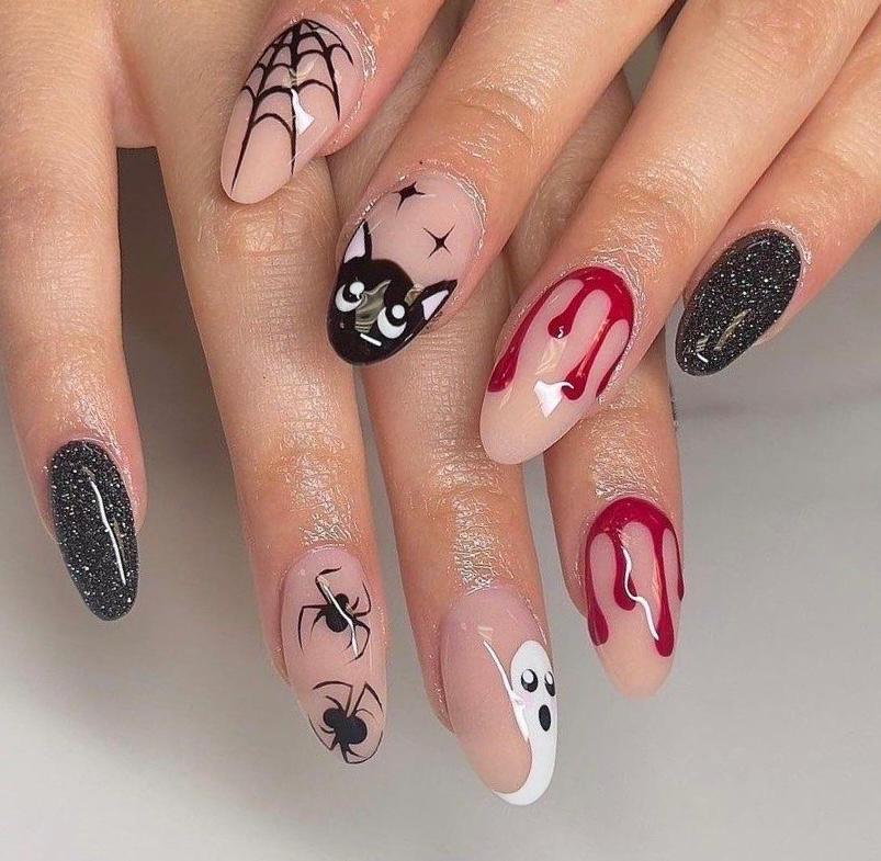 Premium Press On Nails: Custom Salon Quality, Handpainted, Trendy, Press Ons, Fall Autumn August October Blood Drip, Halloween Ghost Bat Cat