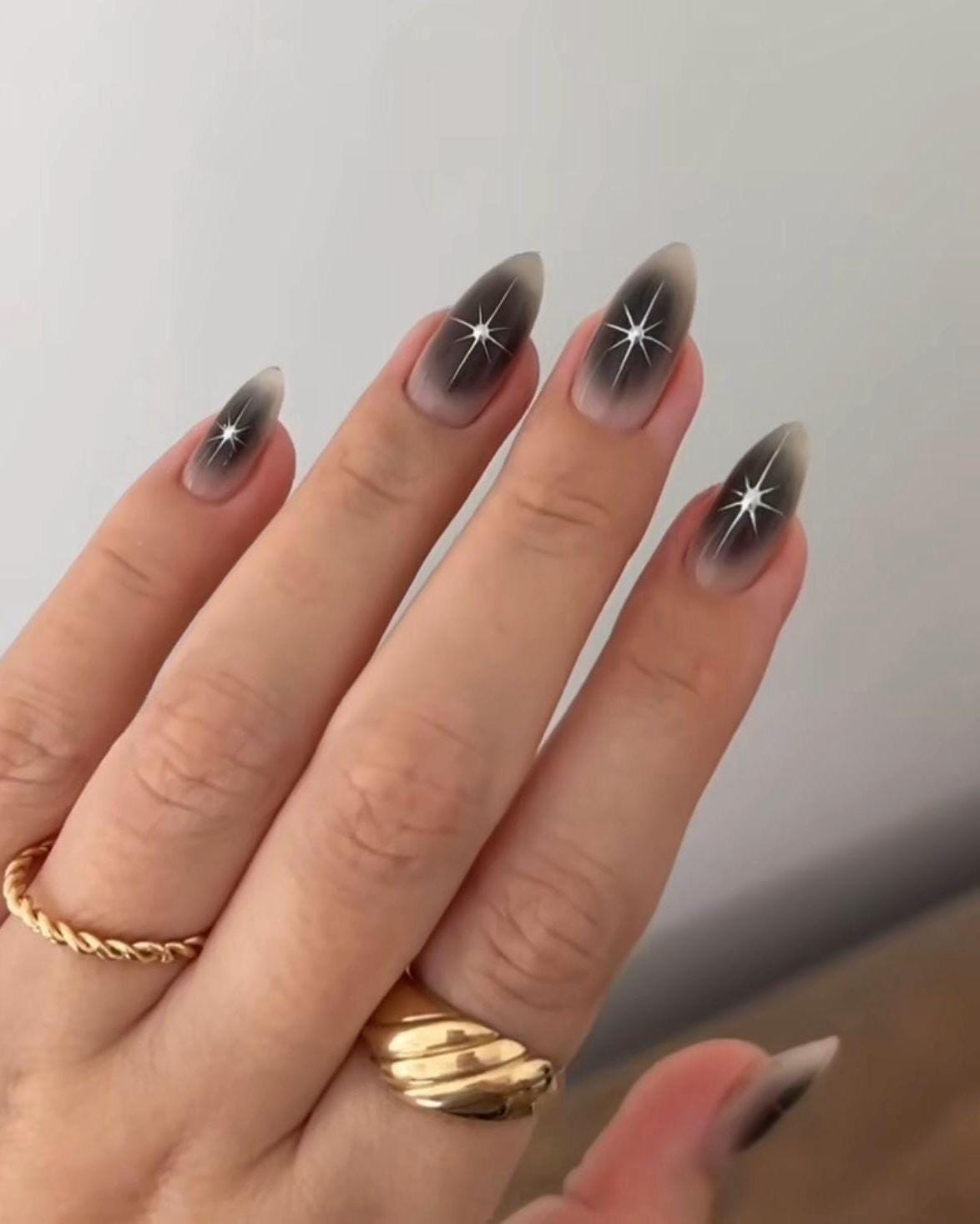 Premium Press On Nails: Custom Salon Quality, Handpainted, Trendy, Press Ons, Fall Autumn August October, Halloween Black, Cute Celestial