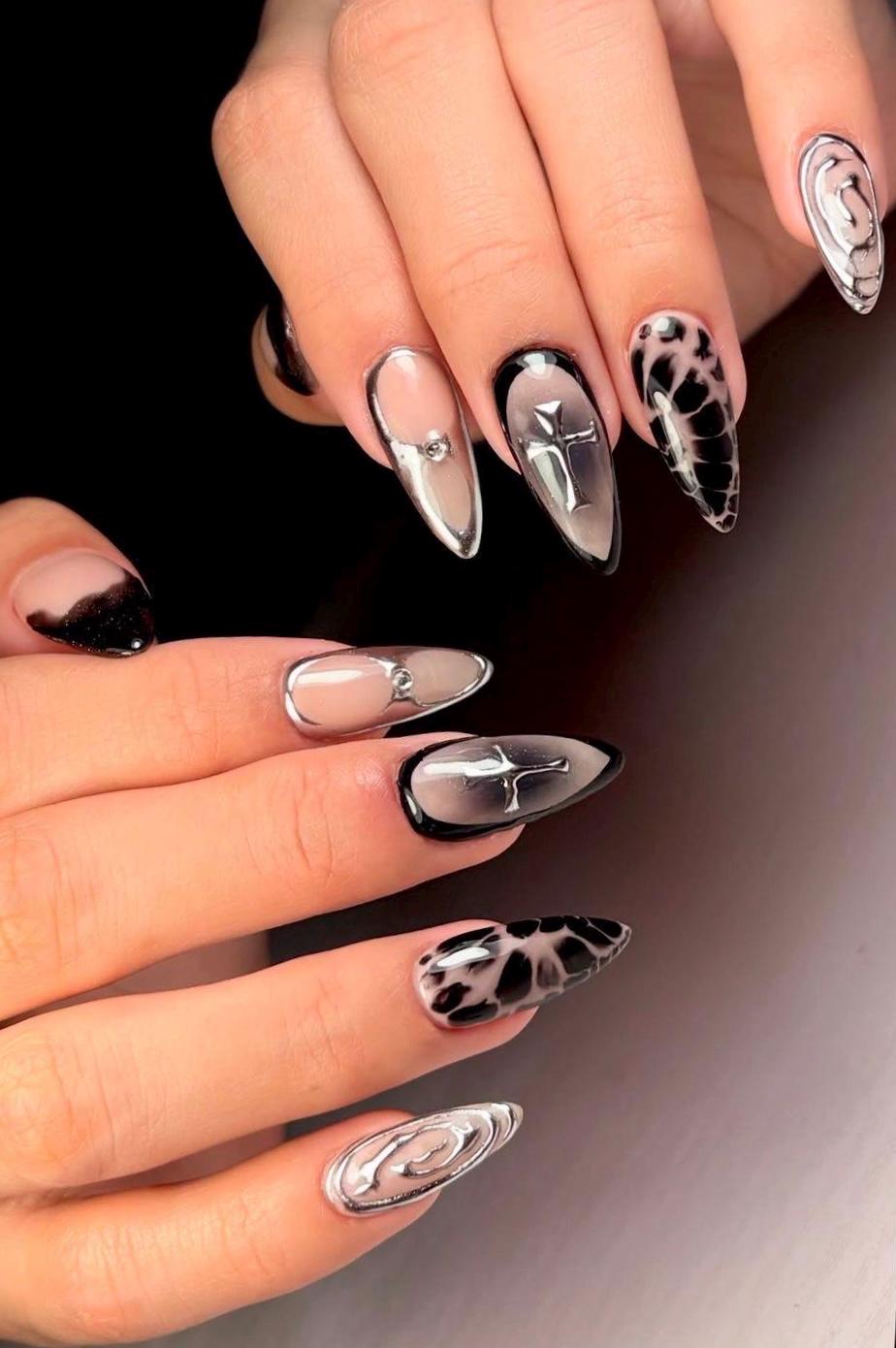 Premium Press On Nails: Custom Salon Quality, Handpainted, Trendy, Press Ons, Fall Autumn August October, Witchy, Black, Aura, Silver Chrome