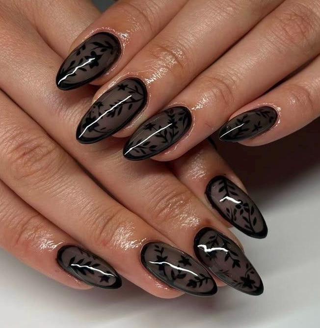Premium Press On Nails: Custom Salon Quality, Handpainted, Trendy, Press Ons, Fall Autumn October, Leaves Floral, Black Lace, Cute