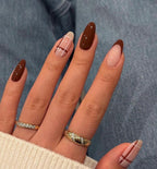 Handmade Custom Gel Press On Nails: Premium Quality, Handpainted, Trendy, Press Ons, Glue On, Fall Autumn, October, Cozy, Brown Stripes