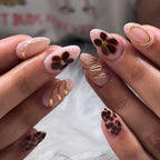 Handmade Custom Gel Press On Nails: Premium Quality, Handpainted, Trendy, Press Ons, Fall Autumn, October, Floral Dark Brown, 3D Chrome Gold