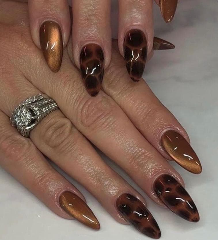 Handmade Custom Gel Press On Nails: Premium Quality, Handpainted, Trendy, Press Ons, Fall Autumn, October Brown, Tortoise, Cat Eye, Sparkle