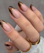 Handmade Custom Gel Press On Nails: Premium Quality, Handpainted, Trendy, Press Ons, Fall Autumn, October Brown, Tortoise, 3D Gold Chrome
