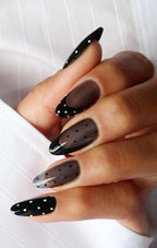 Premium Press On Nails: Custom Salon Quality, Handpainted, Trendy, Press Ons, Fall Autumn August October, Witchy, Black, Sheer Polka Dot