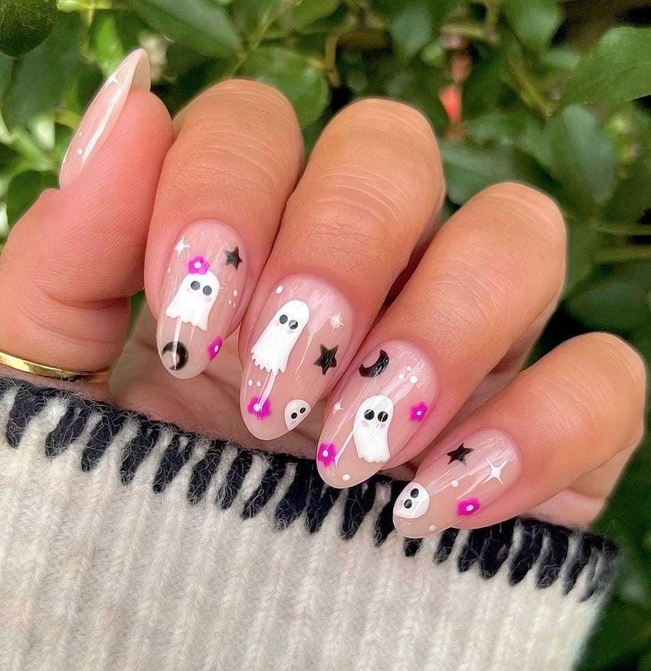 Premium Press On Nails: Custom Salon Quality, Handpainted, Trendy, Press Ons, Fall Autumn August October, Pink, Halloween Ghost, Flower