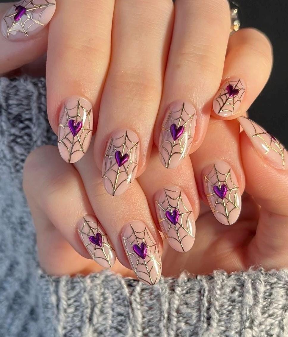 Premium Press On Nails: Custom Salon Quality, Handpainted, Trendy, Press Ons, Fall Autumn September October, Halloween Cute, Gold Web