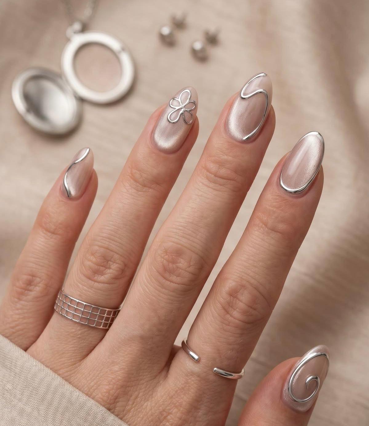 Premium Press On Nails: Custom Salon Quality, Handpainted, Trendy, Press Ons, Fake Nails, Chrome, Silver Cat Eye, 3D Design