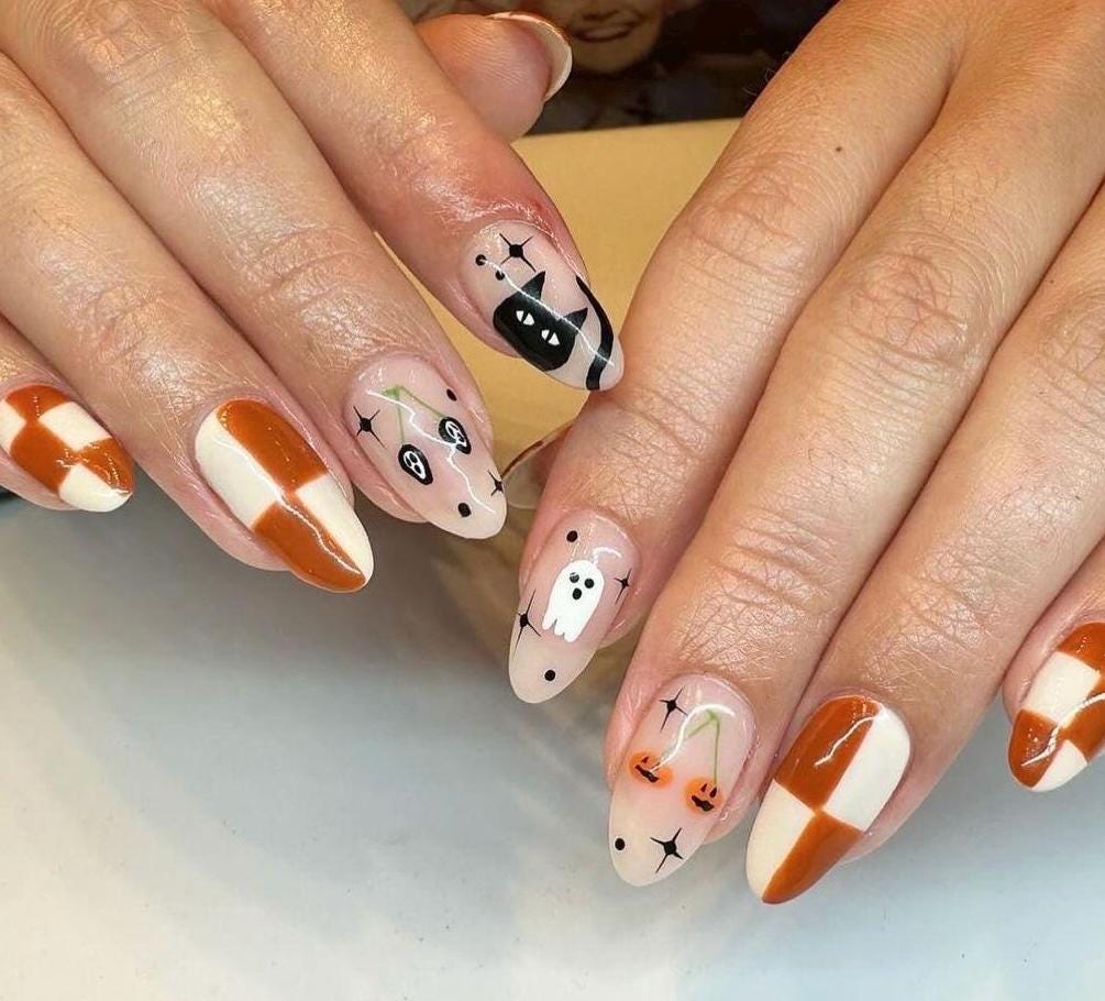 Premium Press On Nails: Custom Salon Quality, Handpainted, Trendy, Press Ons, Fall Autumn August October, Orange, Halloween Ghost Black Cat