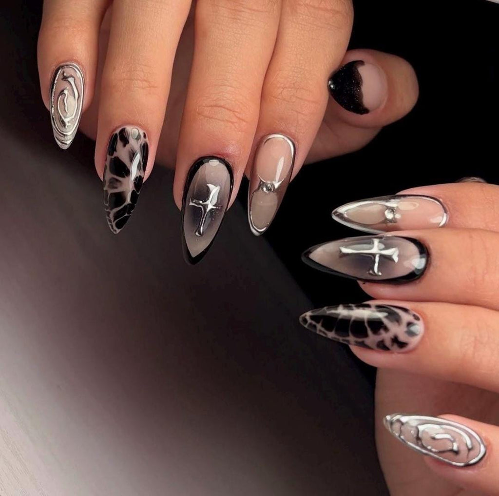 Premium Press On Nails: Custom Salon Quality, Handpainted, Trendy, Press Ons, Fall Autumn August October, Witchy, Black, Aura, Silver Chrome