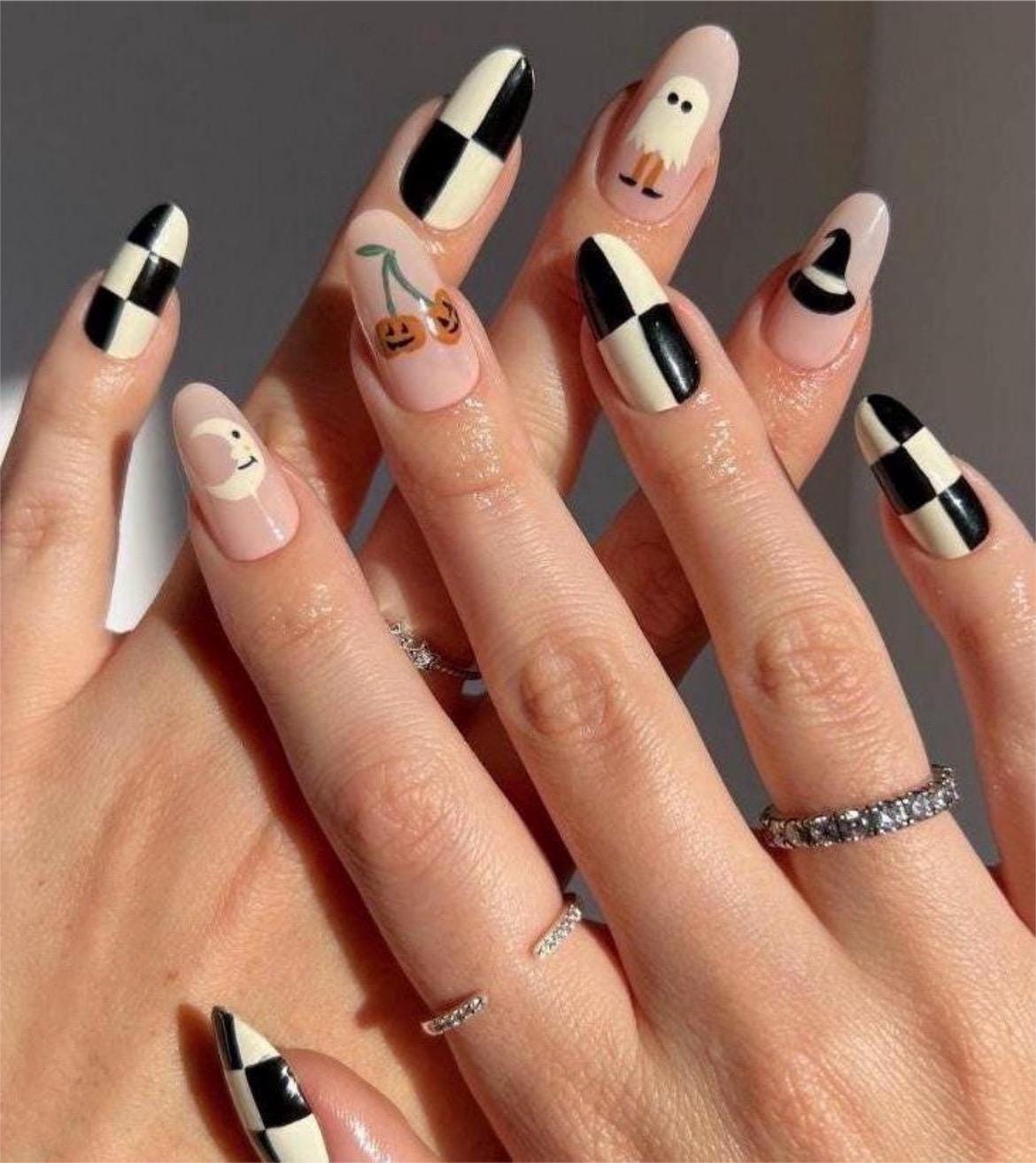 Premium Press On Nails: Custom Salon Quality, Handpainted, Trendy, Press Ons, Fall Autumn August October, Halloween Ghost, Checker, Pumpkin