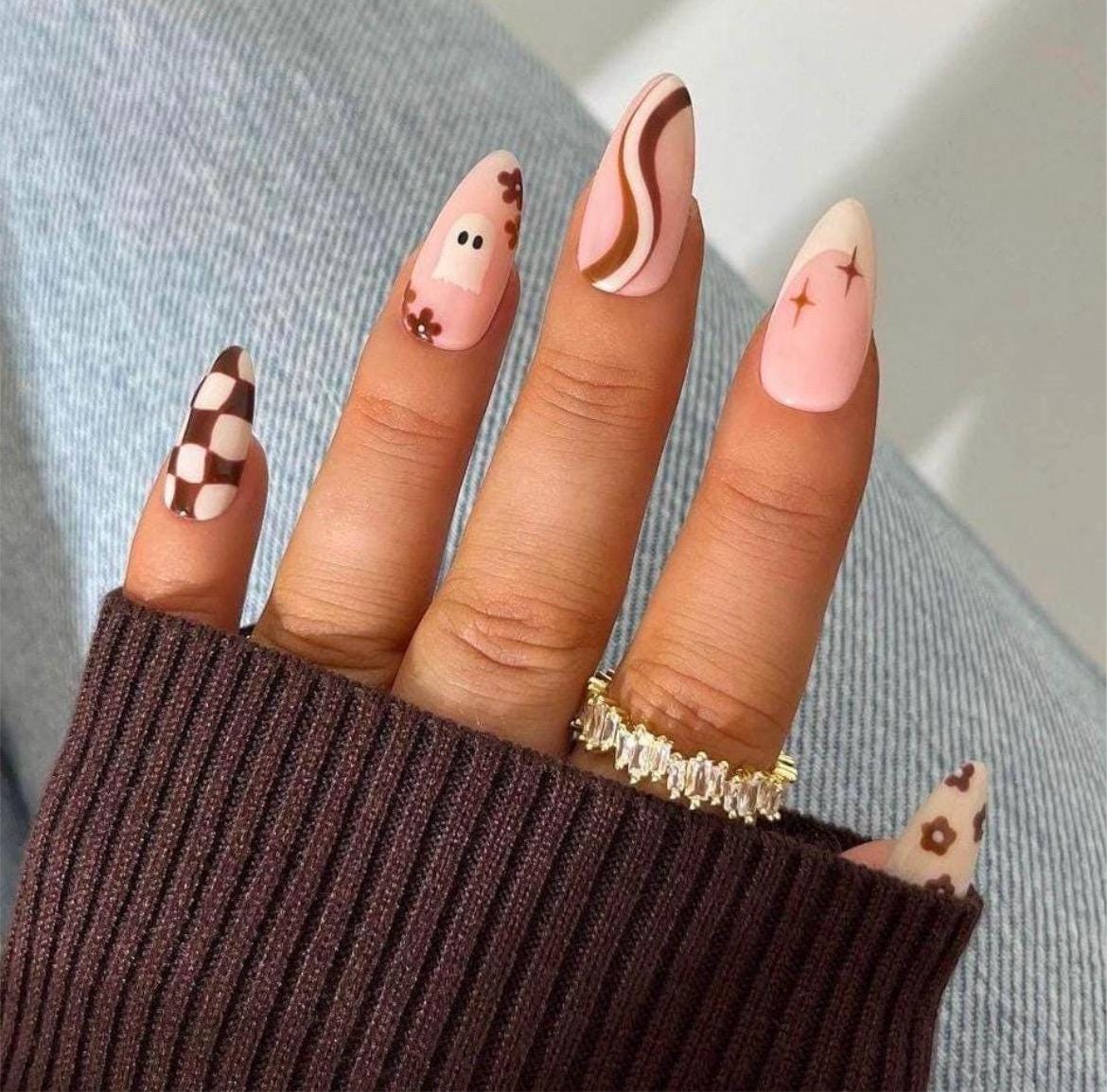 Premium Press On Nails: Custom Salon Quality, Handpainted, Trendy, Press Ons, Fall Autumn August October, Halloween Ghost, Brown, Flowers