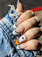 Premium Press On Nails: Custom Salon Quality, Handpainted, Trendy, Press Ons, Fall Autumn August October, Halloween Ghost, Scarecrow French