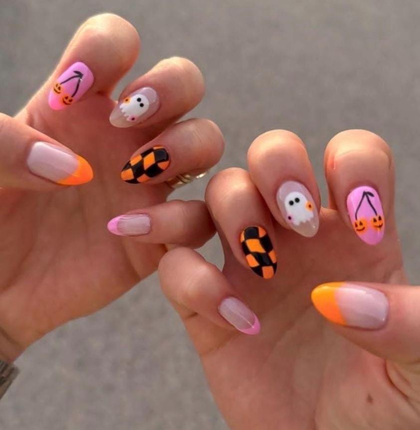 Premium Press On Nails: Custom Salon Quality, Handpainted, Trendy, Press Ons, Fall Autumn August October, Orange, Halloween Ghost Black Cat