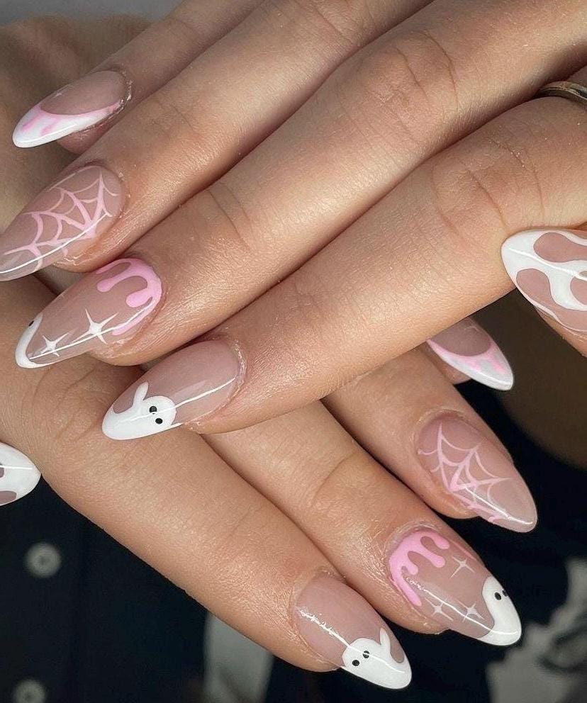 Premium Press On Nails: Custom Salon Quality, Handpainted, Trendy, Press Ons, Fall Autumn August October, Pink, Halloween Ghost, Girly, Cute