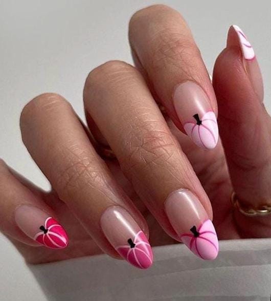 Premium Press On Nails: Custom Salon Quality, Handpainted, Trendy, Press Ons, Fall Autumn August October, Pink, Halloween Pumpkin Mix, Cute