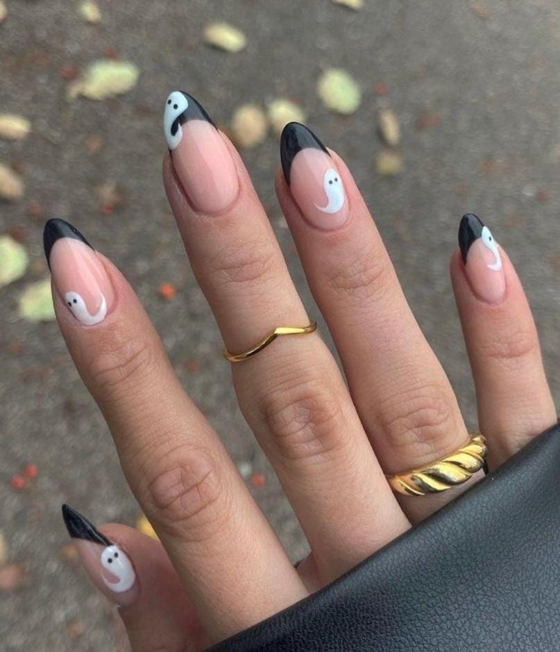 Premium Press On Nails: Custom Salon Quality, Handpainted, Trendy, Press Ons, Fall Autumn August October, Halloween Ghost, French Tip