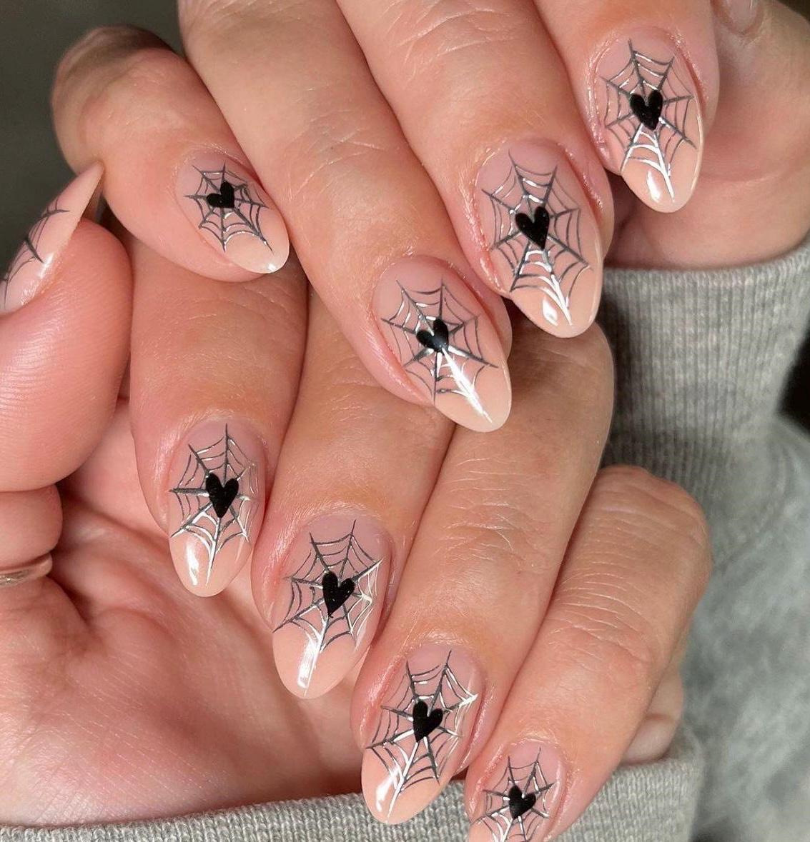 Premium Press On Nails: Custom Salon Quality, Handpainted, Trendy, Press Ons, Fall Autumn September October, Halloween Cute, Silver Web