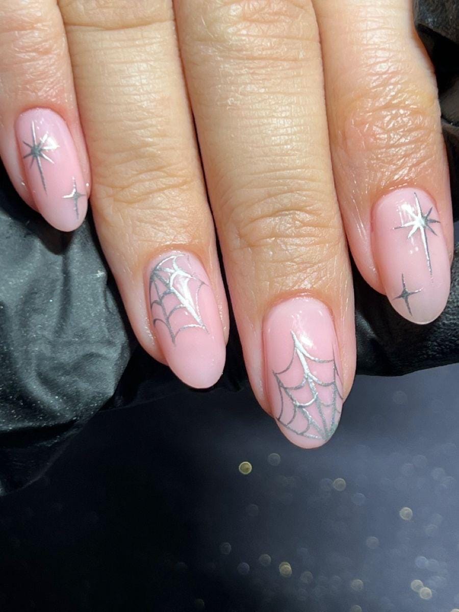 Premium Press On Nails: Custom Salon Quality, Handpainted, Trendy, Press Ons, Fall Autumn September October, Halloween Cute, Silver Web