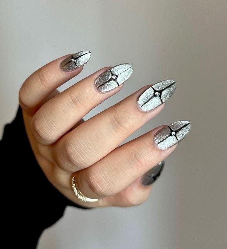 Premium Press On Nails: Custom Salon Quality, Handpainted, Trendy, Press Ons, Fall Autumn August October, Halloween Black, Cute Celestial