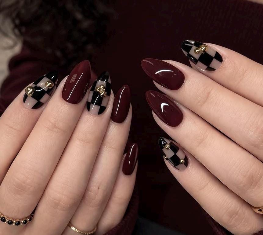Premium Press On Nails: Custom Salon Quality, Handpainted, Trendy, Press Ons, Fake Nails, Dark Red Burgundy, Black Checker, Gold